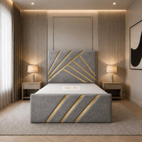 Plush Velvet Silver - Monaco Luxury Geometric Bed – Designer Upholstered Bed Frame with Metallic Inlay Detailing
