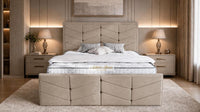 Naples Sand - Valentina Luxury Chevron Panel Bed – Designer Upholstered Bed Frame with Statement Headboard & Footboard