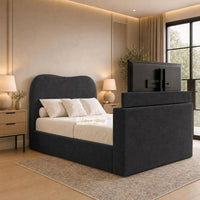 Naples Black - Serene Luxury Curved TV Bed – Designer Upholstered Bed Frame with Integrated TV Footboard