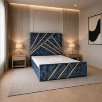 Crushed Velvet Denim Blue - Monaco Luxury Geometric Bed – Designer Upholstered Bed Frame with Metallic Inlay Detailing