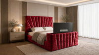 Crushed Velvet Red - Solaris Luxury Sunburst TV Bed – Designer Upholstered Bed Frame with Integrated TV Footboard