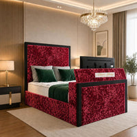 Crushed Velvet Red - Claridge Luxury Framed TV Bed – Premium Upholstered Bed Frame with Integrated TV Footboard