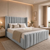Naples Silver - Grosvenor Luxury Winged Panel Bed – Designer Upholstered Bed Frame with Statement Headboard & Footboard