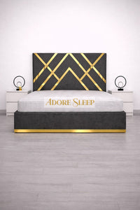 Naples Charcoal - Regalia Noir Luxury Upholstered Bed – Geometric Designer Headboard with Metallic Accent Detailing