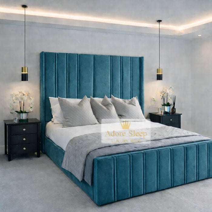 Plush Velvet Teal - Aurelia Grandeur Luxury Upholstered Panel Bed – Tall Vertical Channel Headboard & Deep Padded Frame