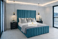 Plush Velvet Teal - Aurelia Grandeur Luxury Upholstered Panel Bed – Tall Vertical Channel Headboard & Deep Padded Frame