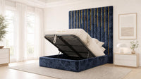 Crushed Velvet Denim Blue - Alisha Gold Strip Grandline Luxury Floor-Standing Ottoman Storage Bed