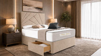 Naples Beige - Aurelia Geometric Luxe Divan Bed with Statement Panelled Headboard & Storage
