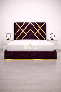 Crushed Velvet Aubergine - Regalia Noir Luxury Upholstered Bed – Geometric Designer Headboard with Metallic Accent Detailing