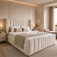 Crushed Velvet Cream - Grosvenor Luxury Winged Panel Bed – Designer Upholstered Bed Frame with Statement Headboard & Footboard