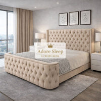 Naples Sand - Celestine Grandeur Luxury Upholstered Bed – Deep Button Tufted Headboard & Curved Statement Footboard