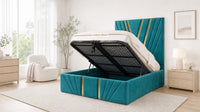 Plush Velvet Teal - Monaco V-Line Luxury Geometric Ottoman Storage Bed