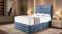 Crushed Velvet Denim Blue - Monaco Luxe Luxury Divan Bed – Premium Upholstered Panelled Headboard with Storage