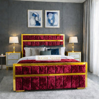 Crushed Velvet Red - Aurelius Linear Upholstered Designer Bed | Luxury Gold Frame Statement Bed