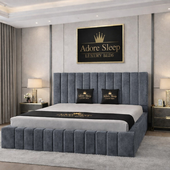 Plush Velvet Steel - Valentina Grande Luxury Channel-Tufted Upholstered Bed Frame