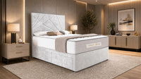 Crushed Velvet White - Aurelia Geometric Luxe Divan Bed with Statement Panelled Headboard & Storage