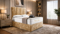 Crushed Velvet Gold - Kensington Grande Luxury Divan Bed – Premium Upholstered Bed Frame with Tall Vertical Panel Headboard