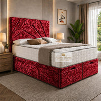 Crushed Velvet Red - Meridian Abstract Geometry Ottoman Divan Bed | Luxury Hydraulic Storage Bed Frame