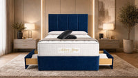 Plush Velvet Sapphire - Kensington Grande Luxury Divan Bed – Premium Upholstered Bed Frame with Tall Vertical Panel Headboard