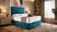 Crushed Velvet Teal - Kensington Grande Luxury Divan Bed – Premium Upholstered Bed Frame with Tall Vertical Panel Headboard