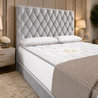 Plush Velvet Silver - Regency Diamond Luxury Divan Bed – Deep Button-Tufted Headboard with Premium Upholstered Frame & Storage