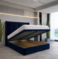 Plush Velvet Sapphire - Valençay Flared Sunburst Wingback Bed | Luxury Divan Ottoman Upholstered Bed Frame