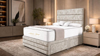 Crushed Velvet Cream - Monaco Luxe Luxury Divan Bed – Premium Upholstered Panelled Headboard with Storage