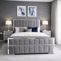 Plush Velvet Grey - Aurelius Linear Upholstered Designer Bed | Luxury Gold Frame Statement Bed