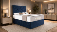 Plush Velvet Sapphire - Aurelia Geometric Luxe Divan Bed with Statement Panelled Headboard & Storage
