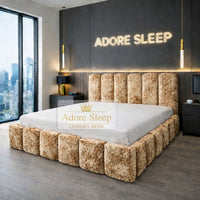 Crushed Velvet Gold - Savoy Aurelia Luxury Upholstered Bed Frame – Sculpted Panel Statement Bed