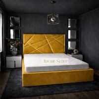 Plush Velvet Mustard Gold - Knightsbridge Regal Mosaic Luxury Panel Bed Frame with Gold Strip – Upholstered