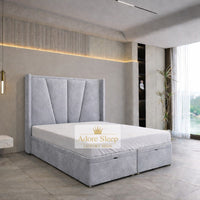 Plush Velvet Silver - Valençay Flared Sunburst Wingback Bed | Luxury Divan Ottoman Upholstered Bed Frame