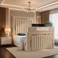 Naples Beige - Kensington Luxury TV Bed – Upholstered Bed Frame with Statement Panel Headboard & TV Footboard