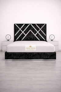 Crushed Velvet Black - Regal Diamond Luxury Panel Bed Frame with Silver Strip – Upholstered