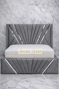 Plush Velvet Grey - Bat Radiance Luxury Panel Bed Frame with Silver Strip – Upholstered