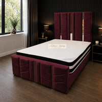 Plush Velvet Maroon - Chevronne Luxury Chevron Panel Bed – Designer Upholstered Bed Frame with Metallic Inlay Detailing