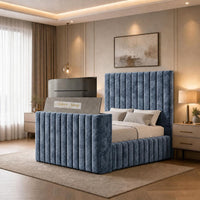 Crushed Velvet Denim Blue - Mayfair Luxury Channelled TV Bed – Premium Upholstered Bed Frame with Integrated TV Footboard