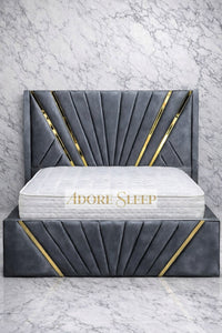 Plush Velvet Steel - Bat Luxury Panel Bed Frame with Gold Strip – Upholstered