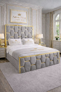Naples Silver - Sovereign Geometric Upholstered Designer Bed | Luxury Gold Trim Bed Frame