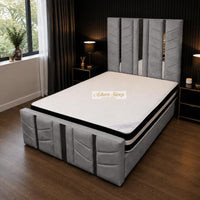 Plush Velvet Grey - Chevronne Luxury Chevron Panel Bed – Designer Upholstered Bed Frame with Metallic Inlay Detailing