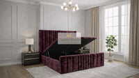 Crushed Velvet Aubergine - Valmont Luxe Ottoman Divan Bed Frame – Luxury Upholstered Storage Bed with Statement Panelled Headboard