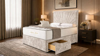 Crushed Velvet Champagne - Aurelia Luxury Sunburst Divan Bed – Designer Upholstered Bed Frame