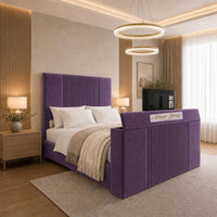 Naples Purple - Knightsbridge Luxury Fluted TV Bed – Designer Upholstered Bed Frame with Integrated TV Footboard