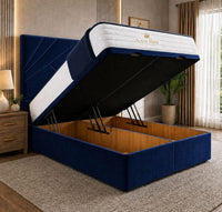 Plush Velvet Sapphire - Meridian Abstract Geometry Ottoman Divan Bed | Luxury Hydraulic Storage Bed Frame