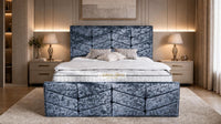 Crushed Velvet Denim Blue - Valentina Luxury Chevron Panel Bed – Designer Upholstered Bed Frame with Statement Headboard & Footboard