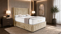 Crushed Velvet Gold - Valentina Vertical Luxe Divan Bed – Channelled Statement Headboard & Storage
