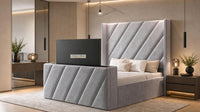Plush Velvet Grey - Ascot Luxury Diagonal Panel TV Bed – Designer Upholstered Bed Frame with Integrated TV Footboard