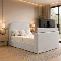 Naples Silver - Serene Luxury Curved TV Bed – Designer Upholstered Bed Frame with Integrated TV Footboard