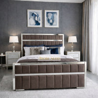 Naples Mink - Aurelius Linear Upholstered Designer Bed | Luxury Gold Frame Statement Bed