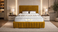 Plush Velvet Mustard Gold - Dorchester Luxury Scalloped Panel Bed – Premium Upholstered Bed Frame with Statement Headboard